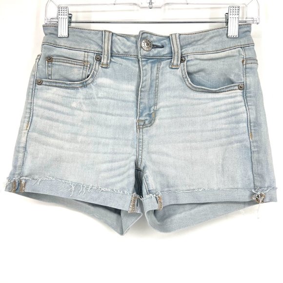 American Eagle Size 4 Hi-Rise Shortie Jean Shorts Stretch Light Wash Denim - Picture 1 of 9